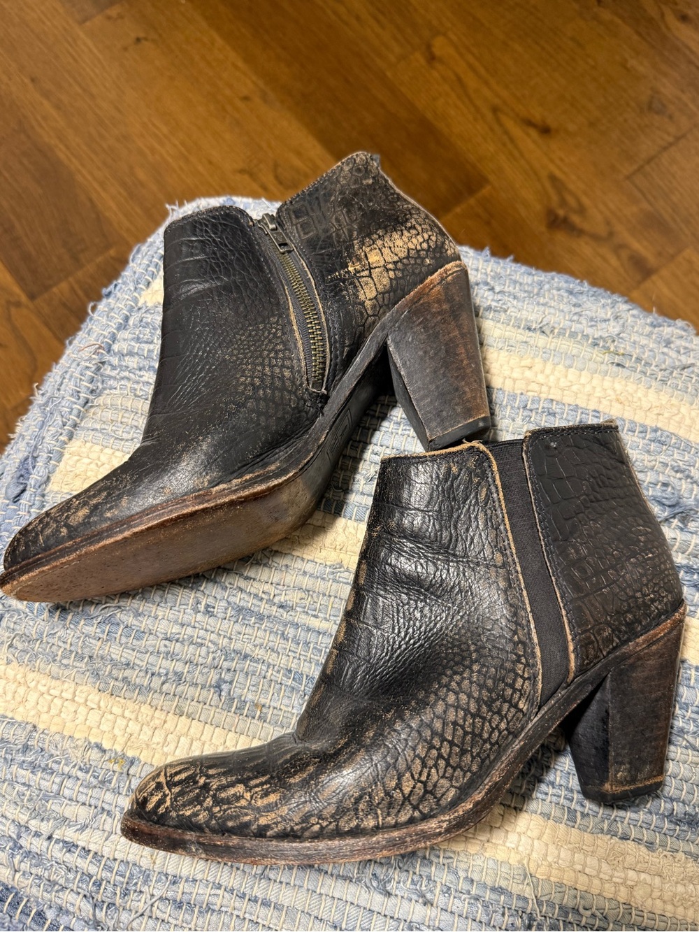 Frye Black Embossed Leather Ankle Booties with Block Heel